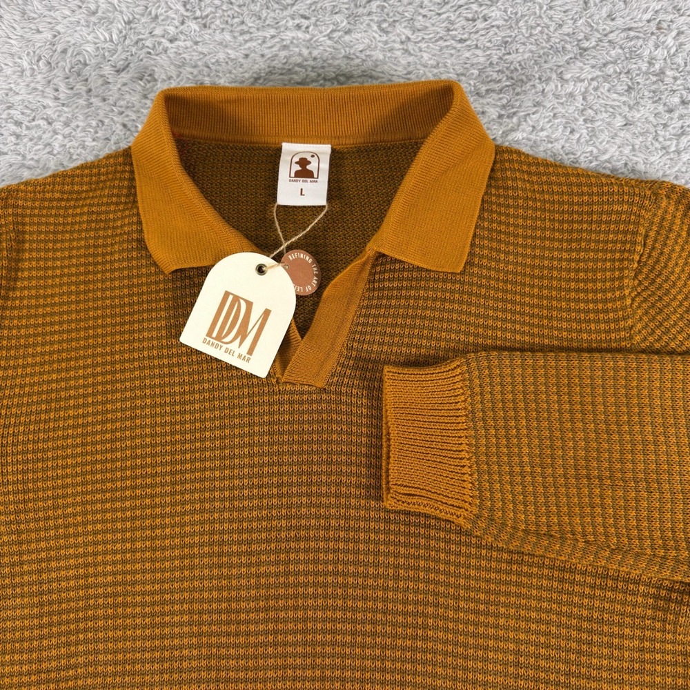 NWT Dandy Del Mar Mens Knit Polo Sweater Mustard Gold Cotton Long Sleeve Large